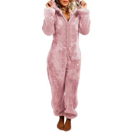 

Qiylii Fleece Pajamas for Women Winter Warm Sherpa Romper Non-footed Onesie Loungewear Pajama One Piece Zipper Hooded Jumpsuit Sleepwear Playsuit