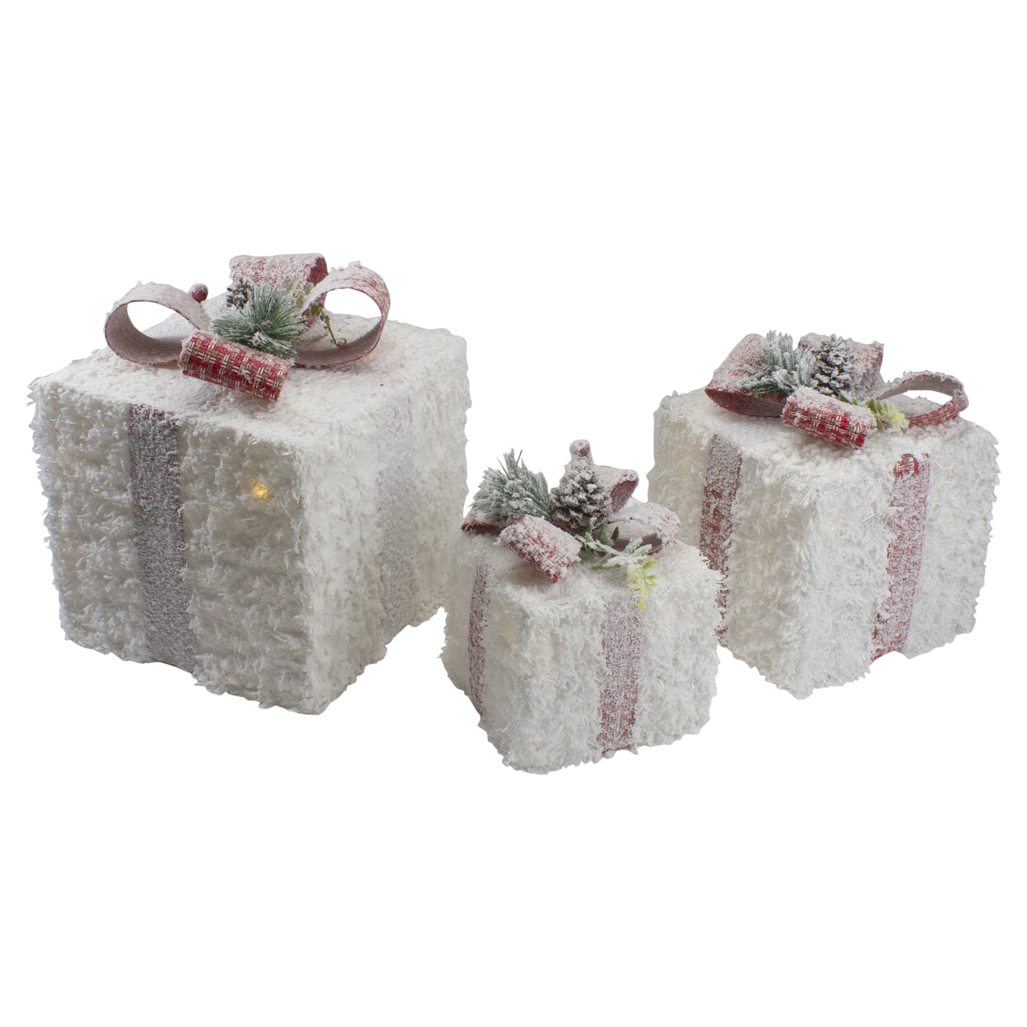 Set of 3 LED Frosted Rattan Christmas Gift Boxes with Pinecones 10