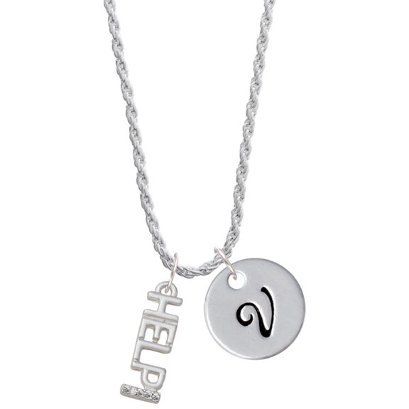 Delight Jewelry Silvertone Small Crystal HELP! Silvertone Script Initial Disc - V - Charm Necklace, 20"+3"