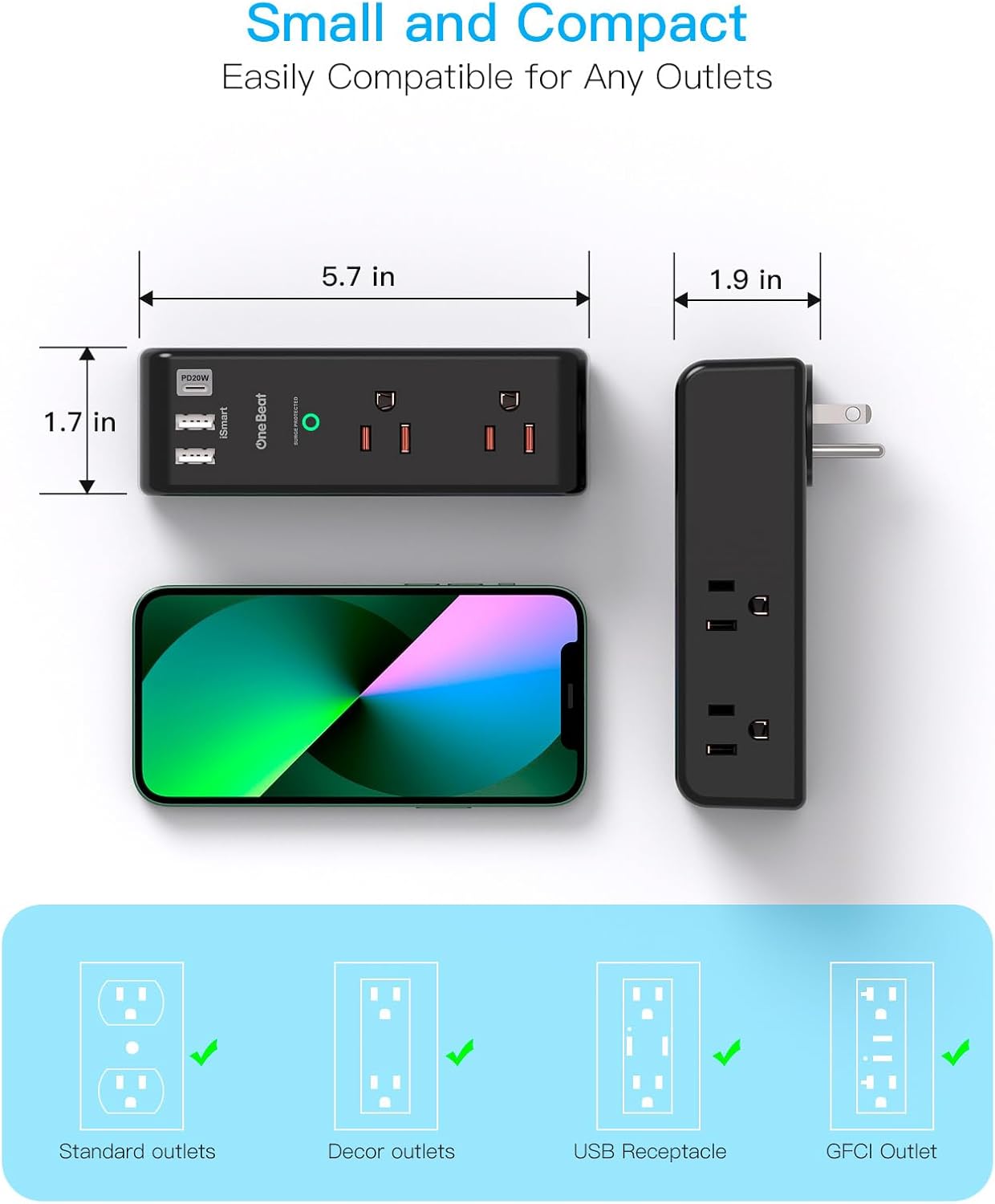 PD20W Surge Protector Outlet Extender, 1800J Rotating Plug, 6 AC Outlets & 3 USB Ports(1 USB C), 3-Sided Wall Power Adapter for Home Office