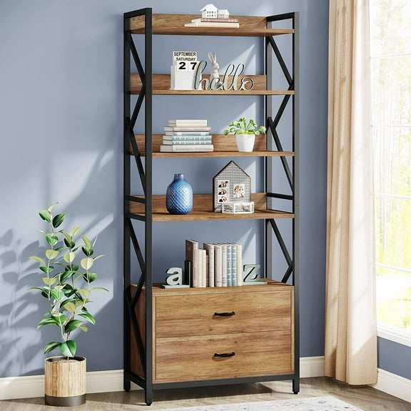 Tribesigns 5-Tier Bookshelf, 70.86 in. Industrial Bookcase with 2 Drawers for Living Room, Bedroom, Home, Office