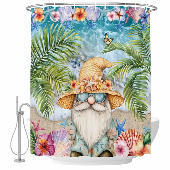 Beach Gnome Fabric Shower Curtain Tropical Palm Leaf Starfish Washable Shower Curtains for Bathroom, Waterproof Bath Curtain with Hooks Home Decor 72x84in