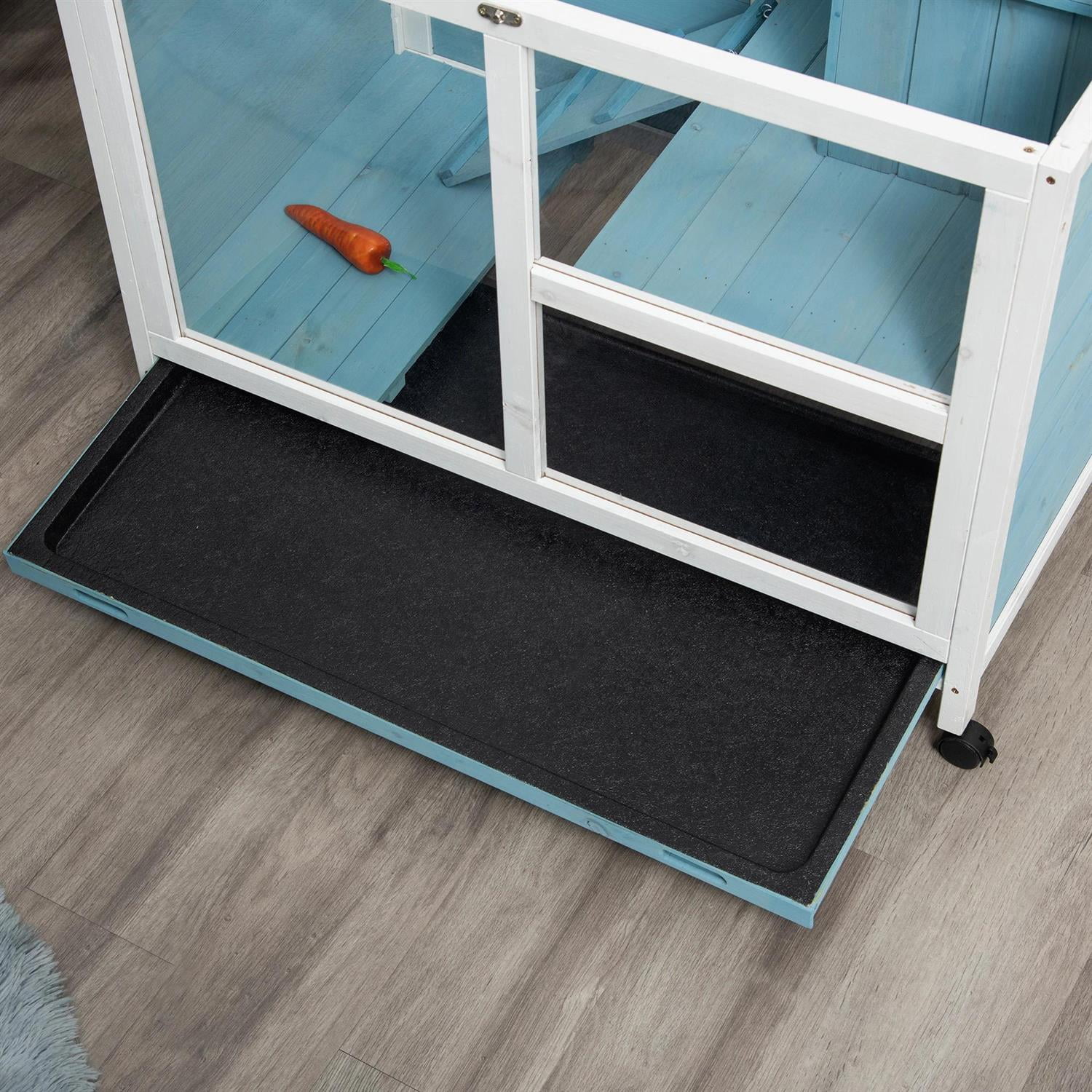 Pefilos Fir Wooden Bunny Hutch Indoor, Outdoor Rabbit Guinea Pig Cage for Small Animals with Trays & Casters, Blue