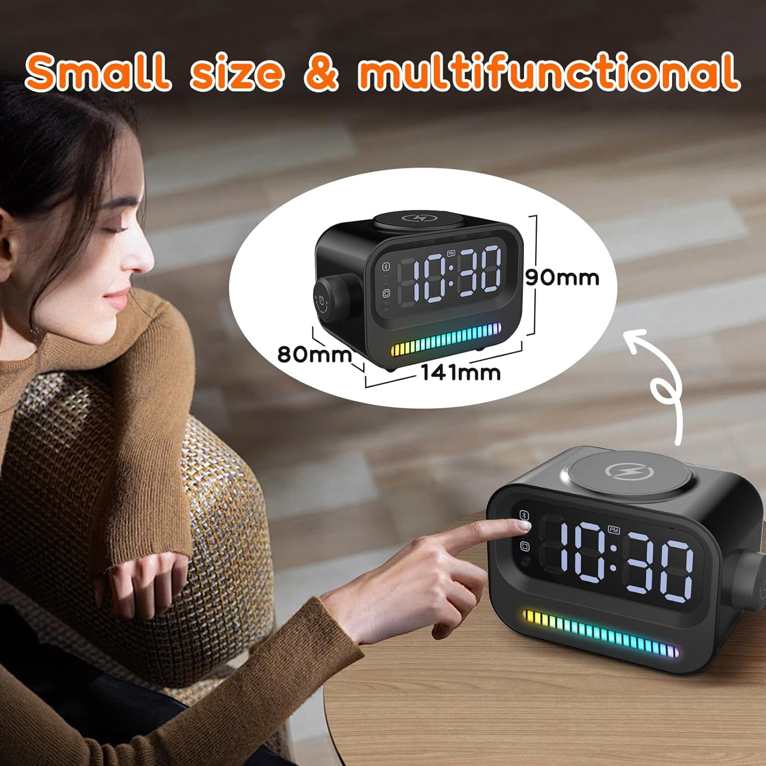 Alarm Clock with Wireless Charging, 3 in 1 Bluetooth Speaker, Digital Alarm Clock with RGB Light Clock and Speaker, LED Large Display Digital Alarm Clock for Teens Girls Boys (Black)