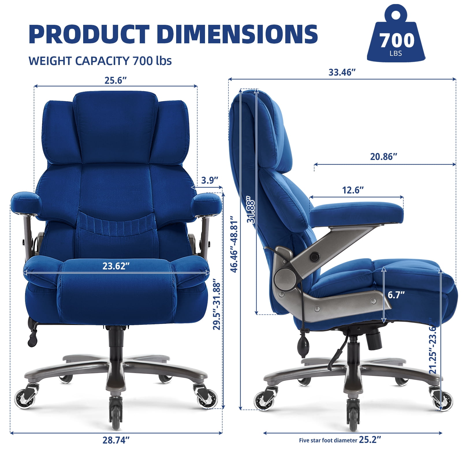 Big and Tall 700lbs Office Chair, Fabric Heavy Duty Executive Chair with 3D Flip up Armrests Adjustable Lumbar Support Large Rubber Wheels, Extra Wide High Back Computer Desk Chair, Blue