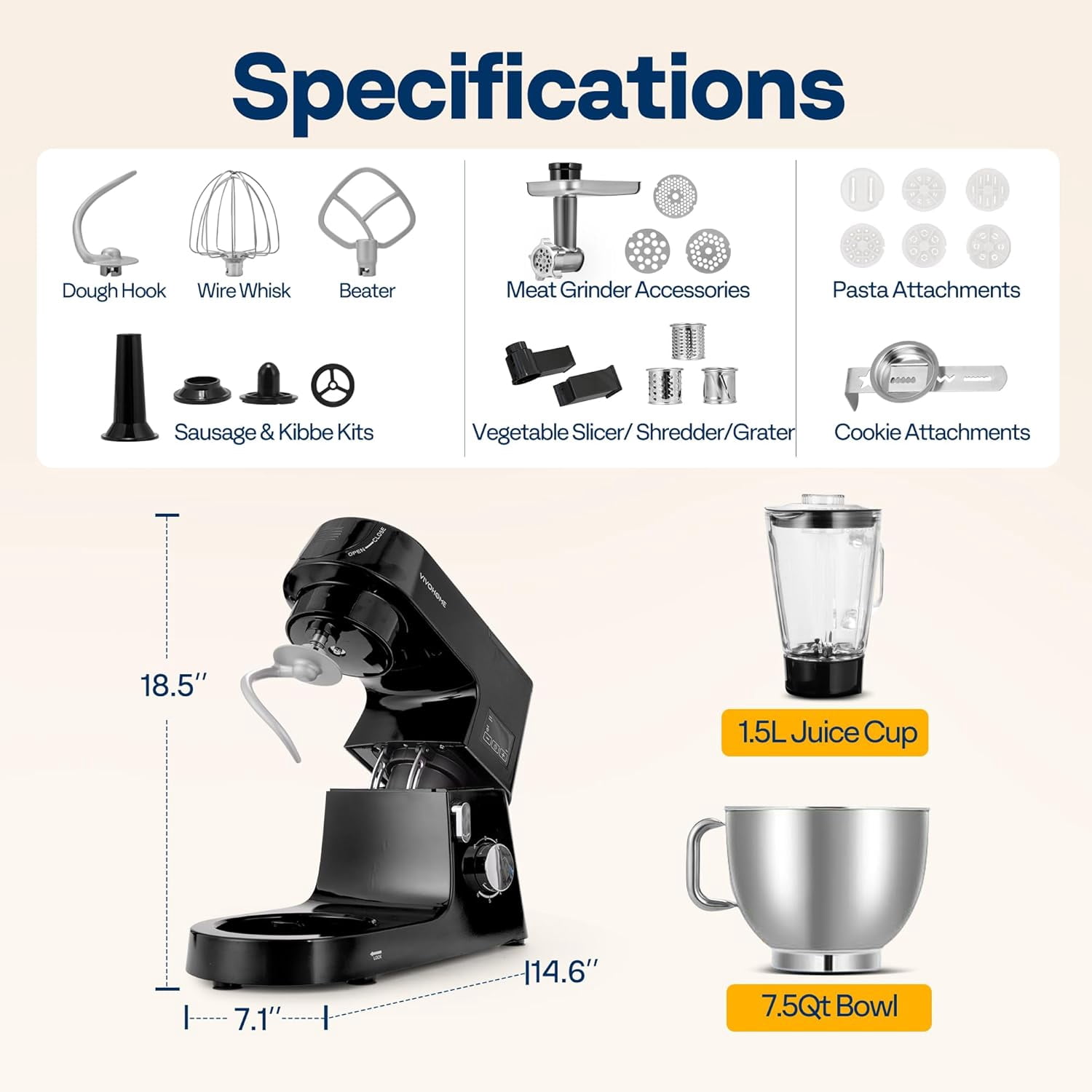 SPECSTAR 9 in 1 Multifunctional Stand Mixer with Fermentation, 6 Speed 7.5 Quart Kitchen Electric Food Mixer with Timer, Meat Grinder, Juice Blender, Vegetable Slicer, Pasta and Cookie Maker, Black