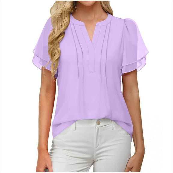 Womens Chiffon Dressy Blouses, Short Sleeve Shirts for Women Summer Casual Solid Color Ruffle Notch V Neck T-Shirts
