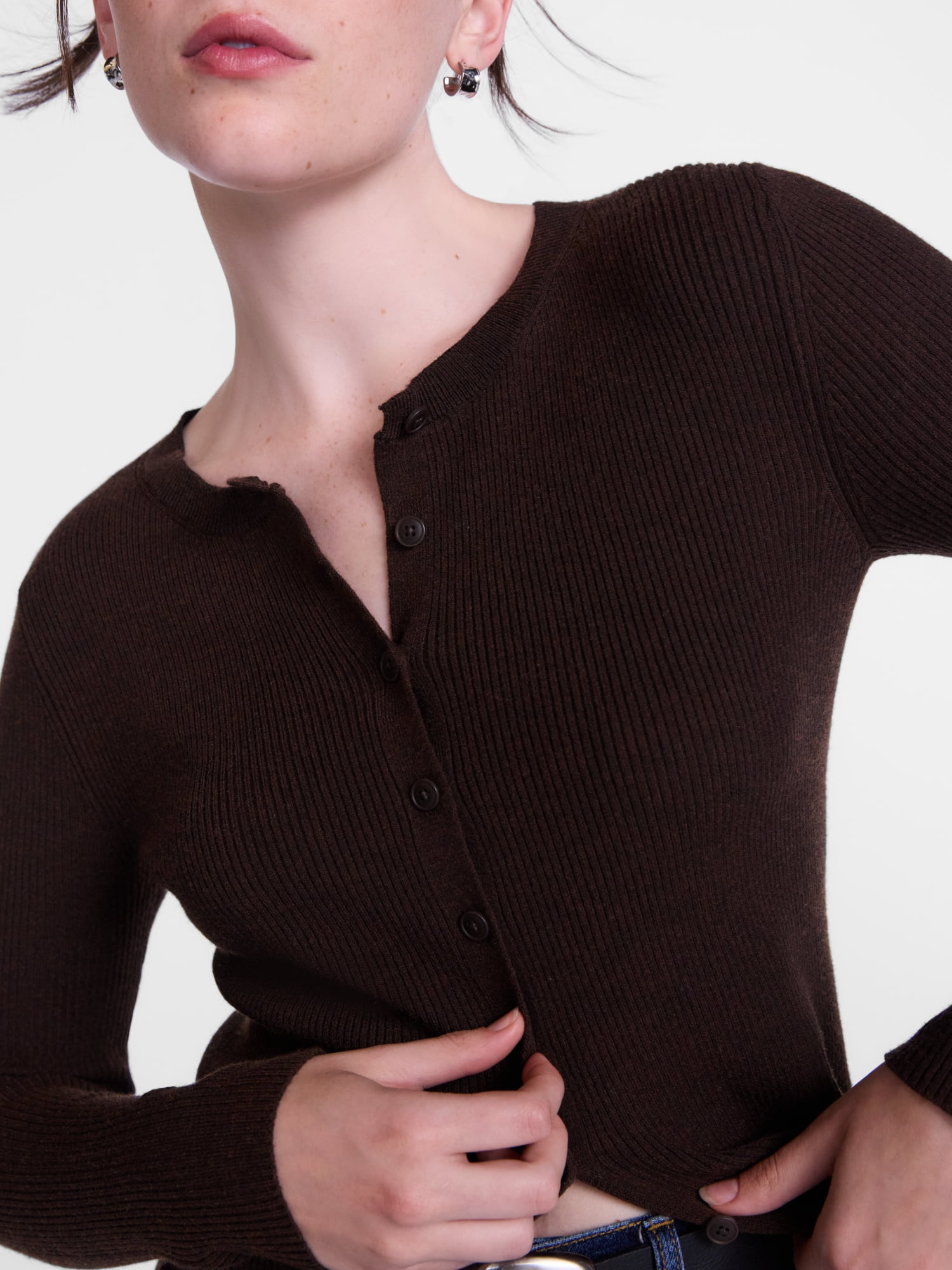 Scenario Women's and Women's Plus Ribbed Crewneck Cardigan Sweater, Lightweight, Sizes XS-4X