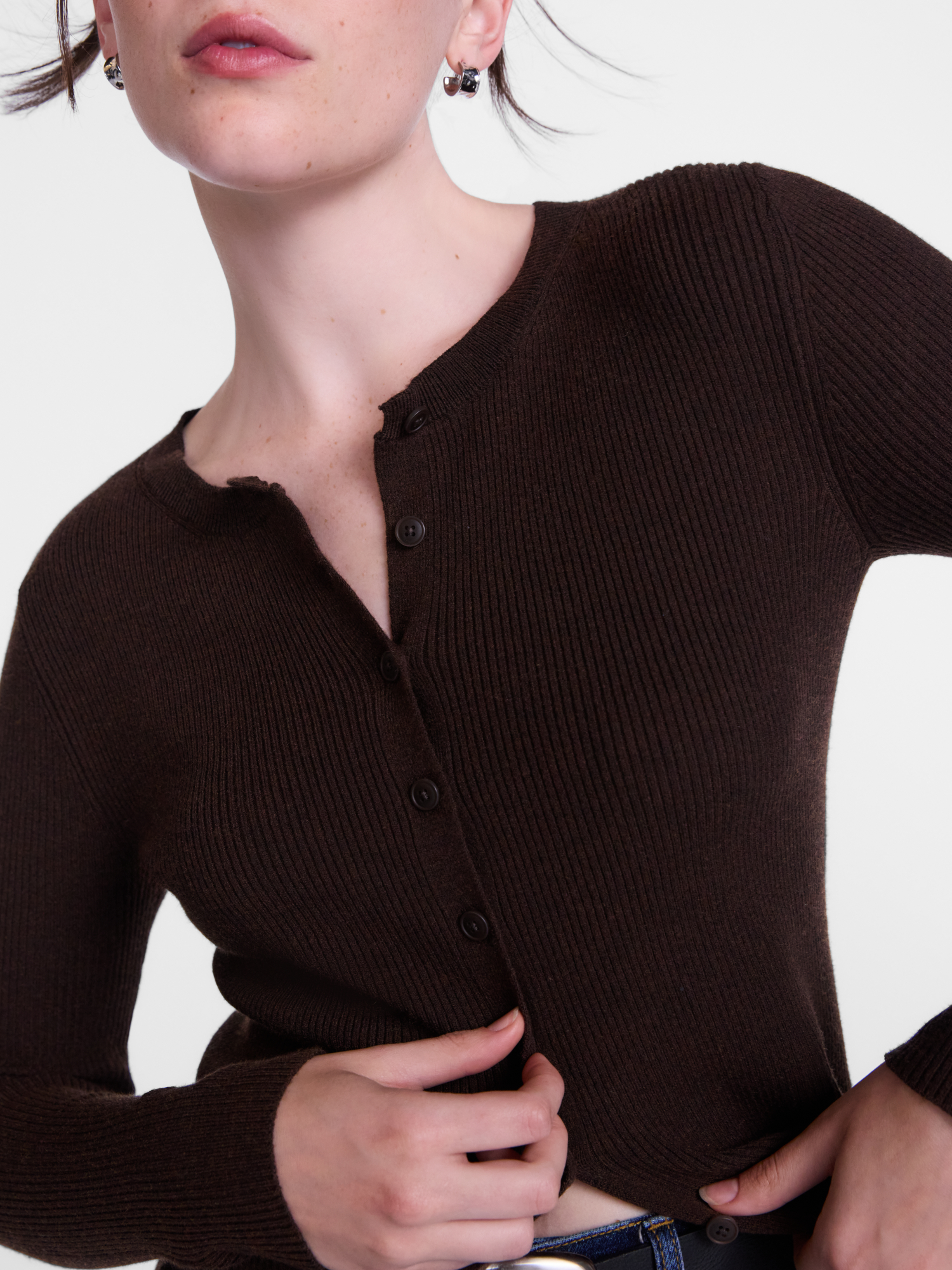 Scenario Women's Ribbed Crewneck Cardigan Sweater Lightweight photo 5