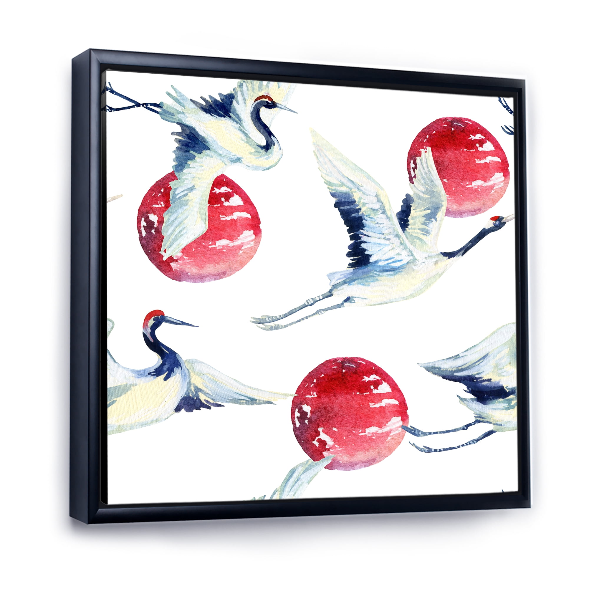 Designart 'Red Full Moon With Asian Crane Bird' Traditional Framed Canvas Wall Art Print