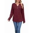 thumbnail image 2 of Women Long Sleeve Shirts Dressy Casual Button V Neck Pullover Sweaters Jumper Tops Fall Outfits Wine Red S, 2 of 9