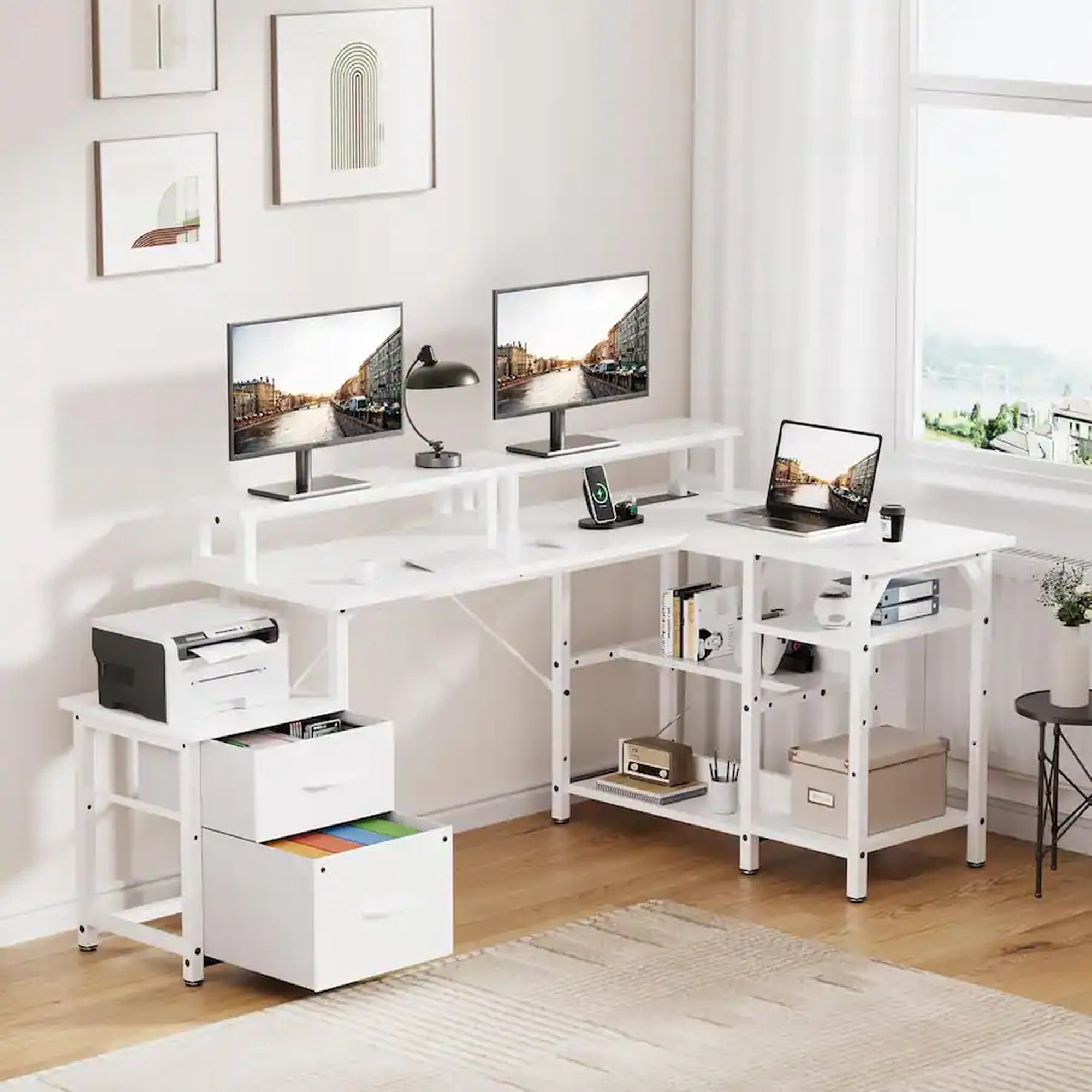 GTPLAYER L Shape Office Desk with File Drawers&Power Outlet, 69.3 Inch Reversible 2 Person Desk,Corner L Shape or Long Desk Set up,Monitor Stand &Storage Shelves, LED Lights &CPU Stand