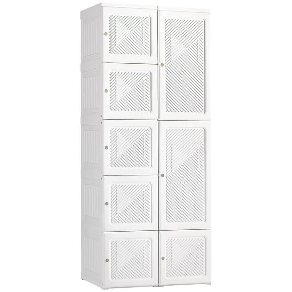 Homiyad Portable Wardrobe Closet, Folding Bedroom Armoire, Clothes Storage Organizer with Cube Compartments, Hanging Rod, Magnet Doors, White