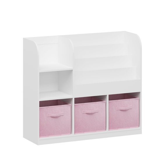 Kids Toy Storage Organizer With 3 Foldable Fabric Drawers, Wooden Open Shelf Bookcase With Storage Cubbies For Home Playroom, Hallway & Kindergarten