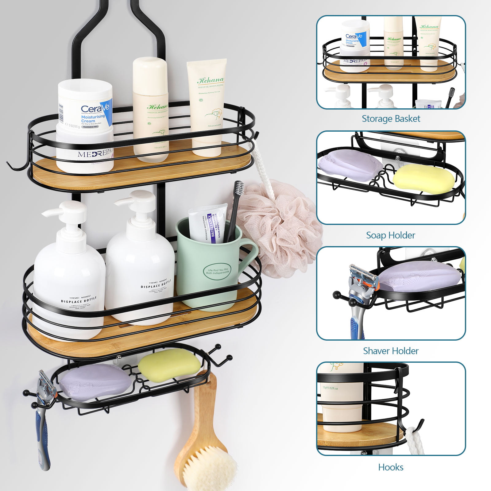 Home Basics Bamboo Shower Caddy Shelf with 2 Suction Cups, Natural