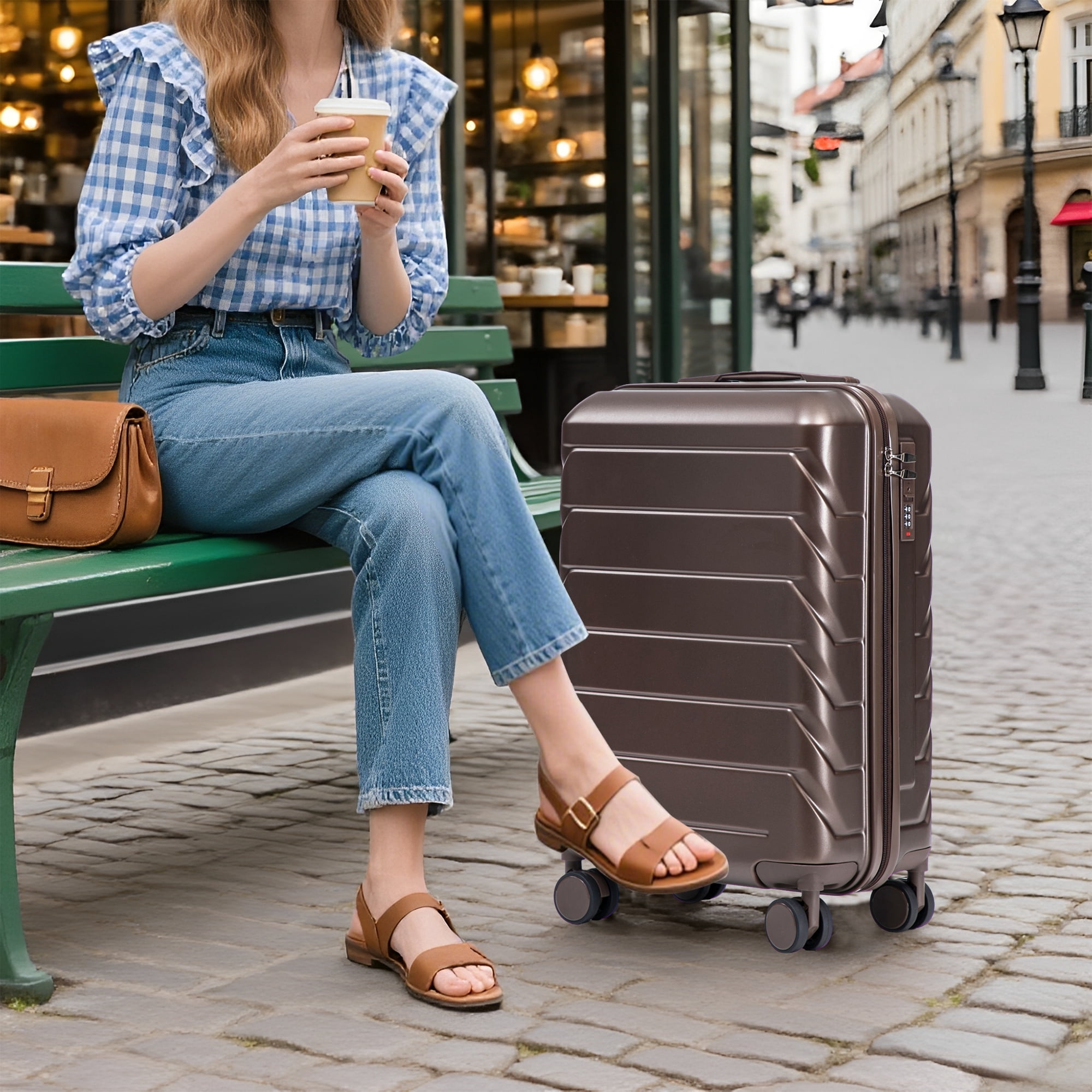 14"/20" 2 pcs/set in ABS Spinner Wheel Luggage, with Combination Lock, 14" Cosmetic Case (Brown)