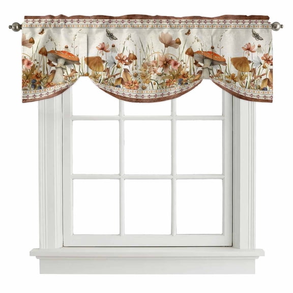 Vintage Mushroom Tie Up Valance Curtains for Windows, Kitchen Curtains Window Treatments, Spring Floral Retro Art Pastoral Botanical Short Window Shades Valances for Bedroom Bathroom Cafe 54"x18"