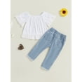 thumbnail image 6 of BemeyourBBs Toddler Baby Girls Summer Clothes Infant Baby Girls Denim Outfit Off Shoulder Tops Bell Short Sleeve Lace Shirt Top Ripped Jeans Denim Pearl Pants Set, 6 of 9