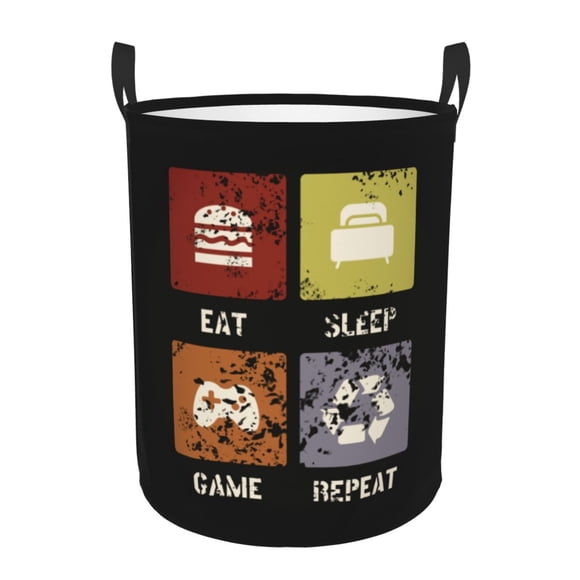 DouZhe Waterproof Collapsible Large Laundry Baskets, Eat Sleep Game Repeat Gamers Prints Circular Hamper with Handles