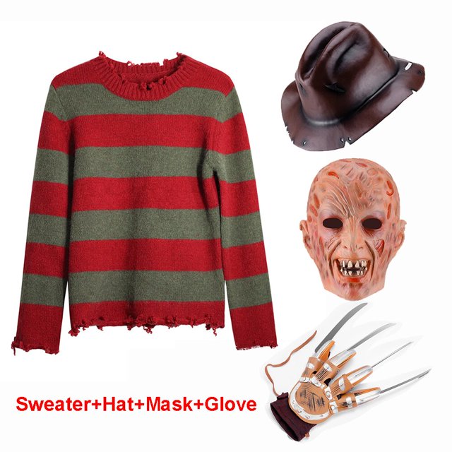P-jsmen-Disfraz de Cosplay de Freddy Krueger para hombre, suéter de punto a rayas rojas, sombrero de copa, máscara, accesorios de Halloween