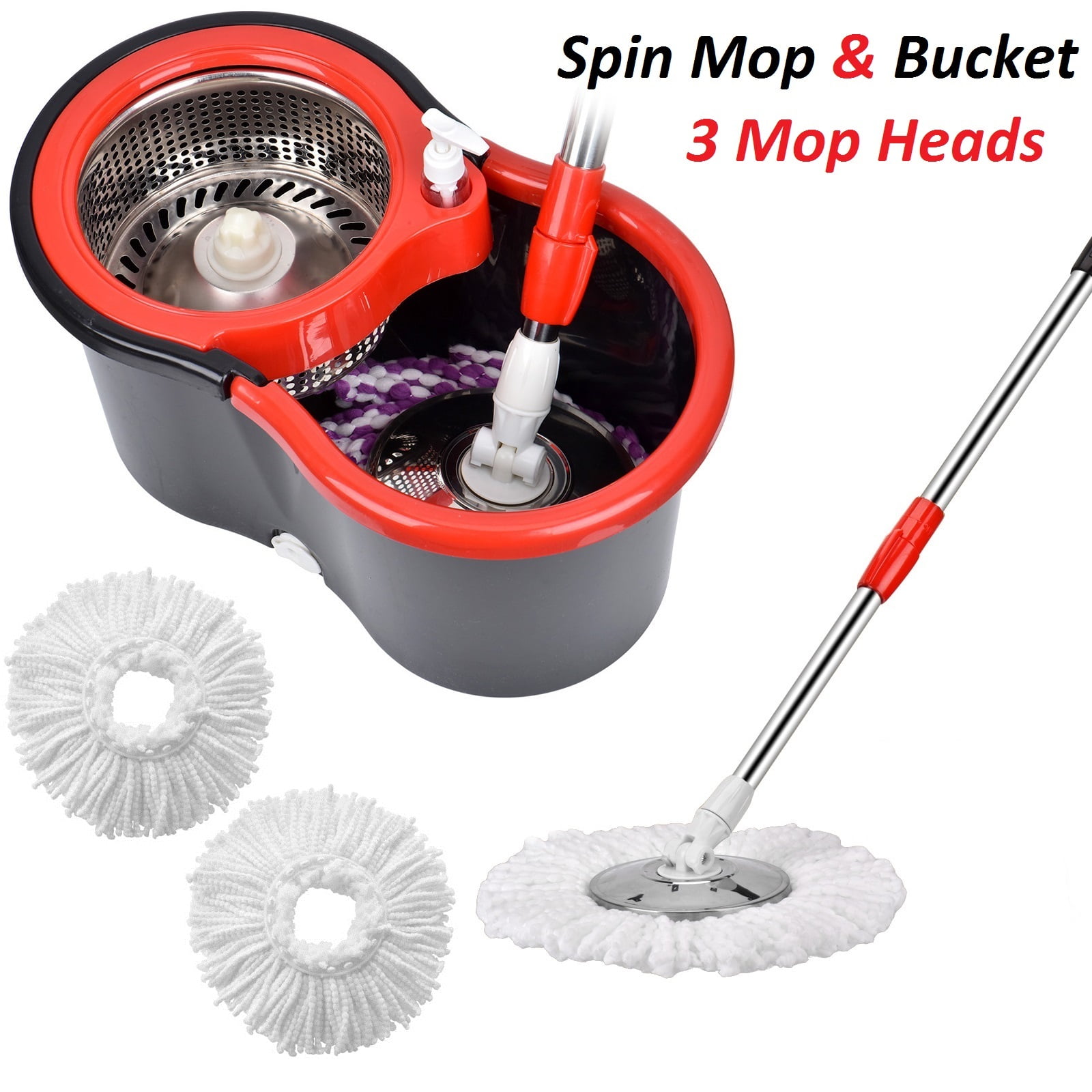 Stainless Steel Deluxe Rolling Cleaning Spin Mop With 3 Microfiber Mop Heads 
