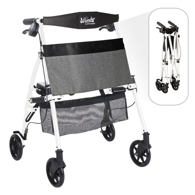Andador plegable ligero Stander Wonder Rollator Plus para adultos mayores y niños, Travel EZ Fold-N-Go, pequeño andador con ruedas y asiento, color blanco intenso