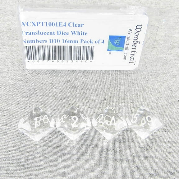 Clear Translucent Dice with White Numbers D10 Aprox 16mm (5/8in) Pack of 4 Wondertrail