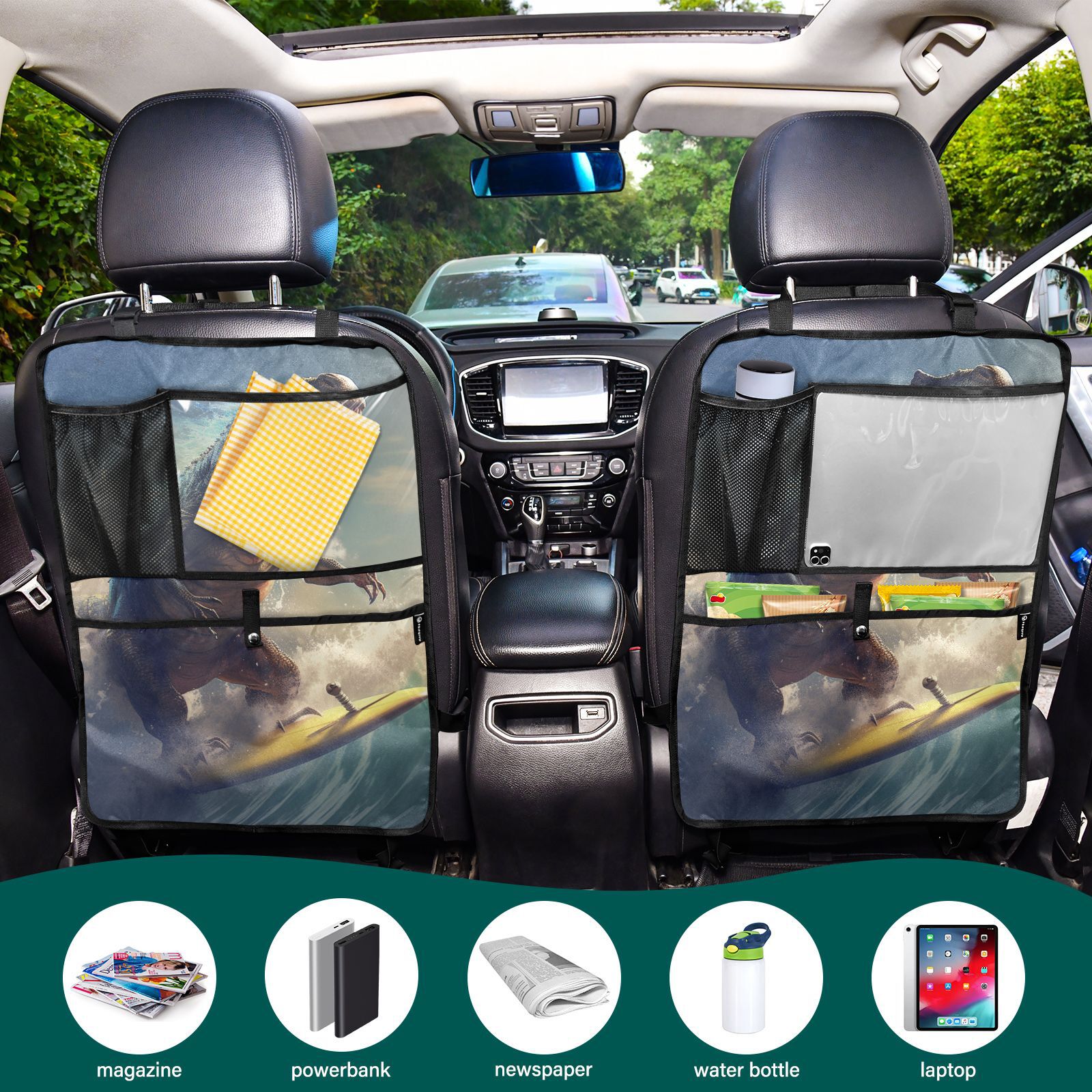 Dinosaur surfing epic wave ride(17) Back Seat Cover + Pocket Storage Organizer, 4 Pack Multifunctional Kick Mats Backseat Protector