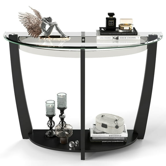Gymax 2-tier Modern Half Moon Sofa Table w/Clear Glass Top & Open Shelffor Living Room Black