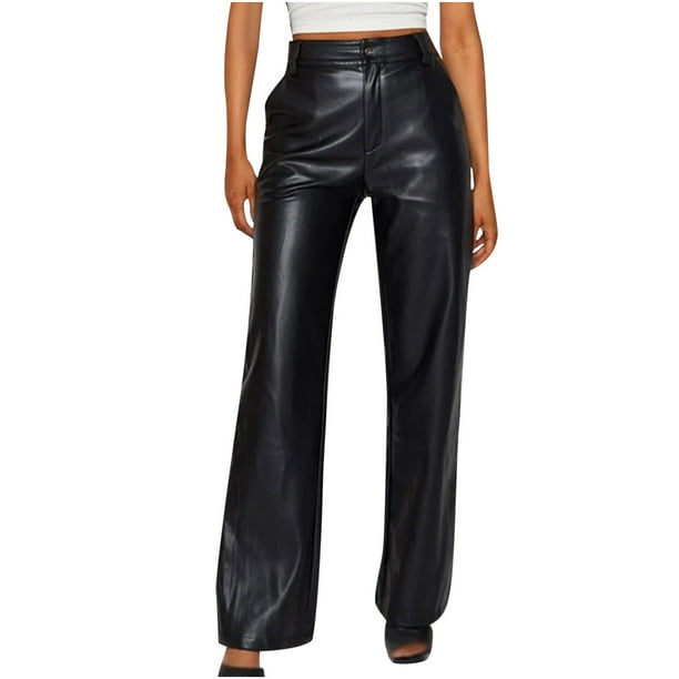 Women Faux Leather Pants Solid Color High Waist Straight Wide Leg PU  Leggings Loose Fit Trousers Trendy Leather Pants 