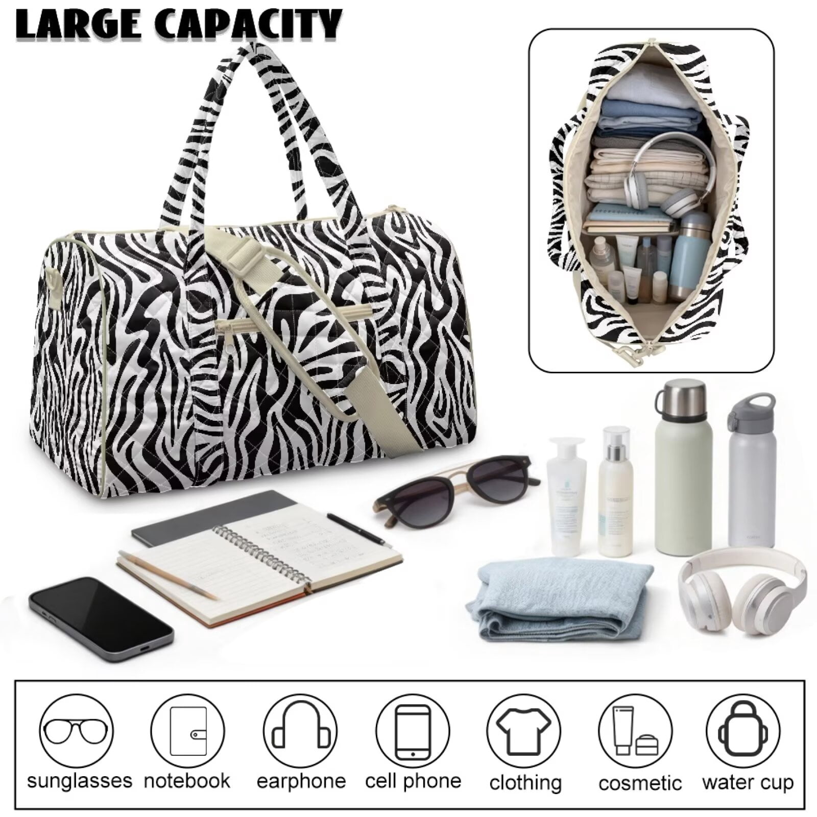 Chririnla Luggage Bag Weekender Bags for Women Travel Trendy Sports Bag with Quilted Fabric for Business Trips, Classic Zebra Stripe Print