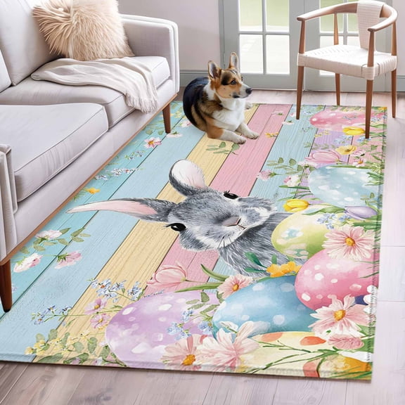 Area Rug for Living Room, Easter Non-Slip Indoor Large Carpet for Bedroom/Dining Room, Spring Bunny Eggs Flowers Colorful Wooden Grain Washable Low-Profile Rectangle Floor Runner Rugs - 4 x 6 Ft
