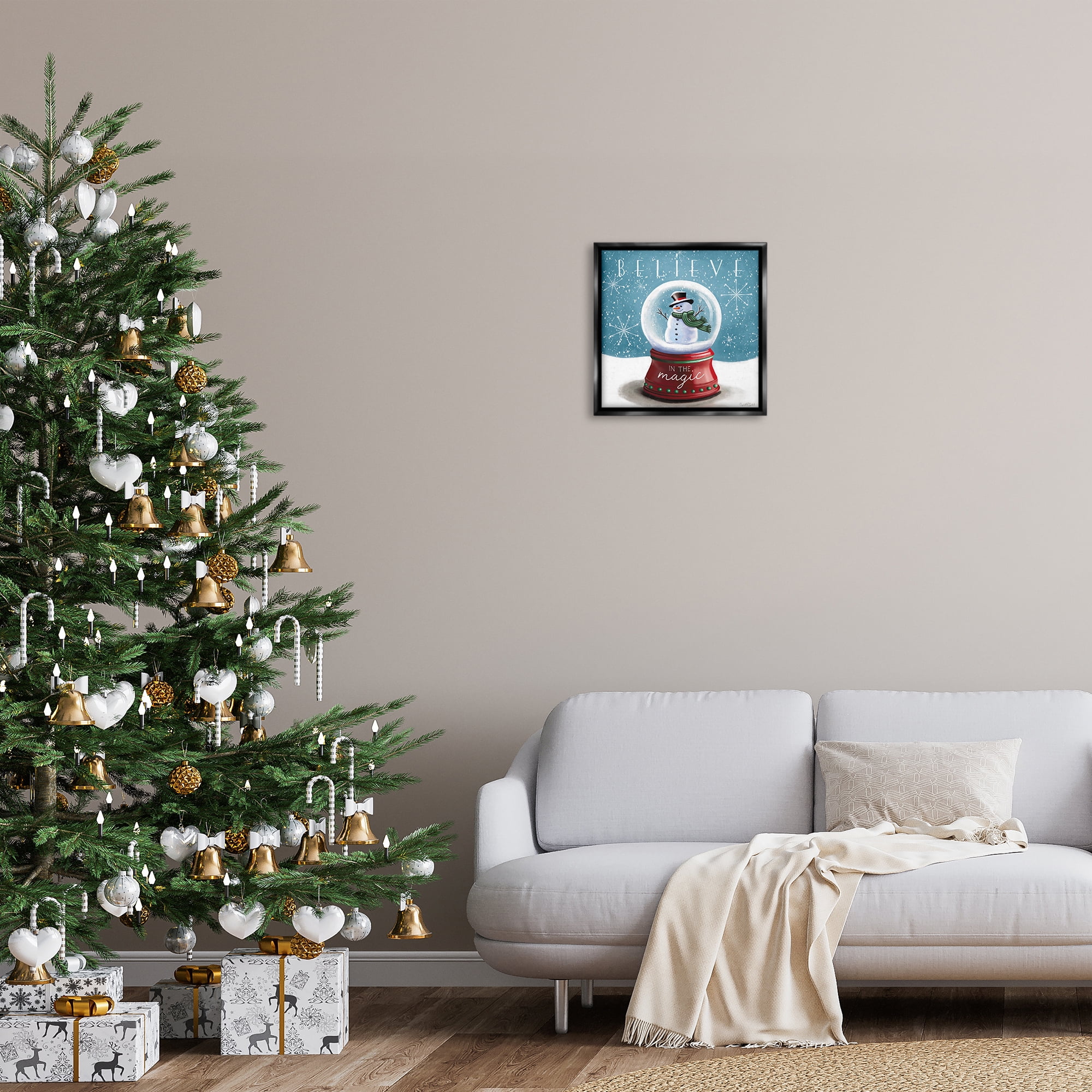 Stupell Industries Believe In Magic Snowglobe Holiday Painting Black Floater Framed Canvas Art Prints Wall Art, 18 x 18
