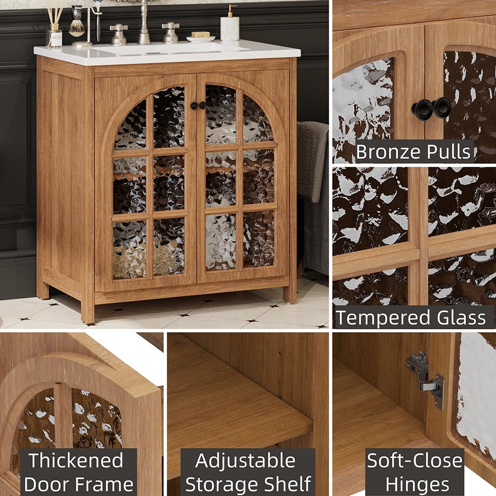 YINGYING 31" Vintage Bathroom Vanity with Ceramic Sink, Freestanding Bathroom Cabinet with Bronze Pulls and Tempered Glass
