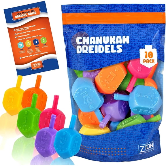Zion Judaica Colorful Plastic Hanukkah Dreidels Hebrew with English Transliteration Bulk Pack Chanukah Driedels Traditional Hanukah Game Spinning Tops Chanukah Fun in Resealable Ziplock Bag (30 Pack)