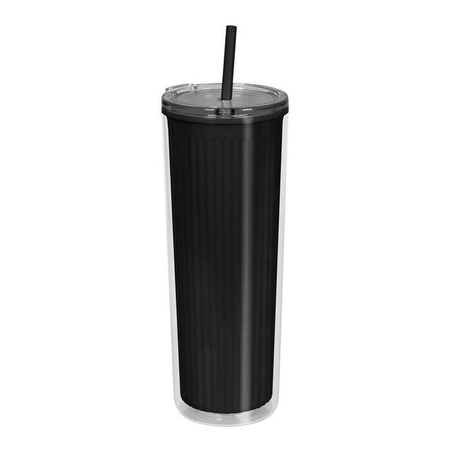Vaso de plástico doble pared con popote y tapa push-neli negro 8.6 x 22.7