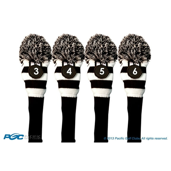 Majek #3, 4, 5, & 6 Hybrid Combo Pack Rescue Utility Black & White Golf Headcover Knit Pom Pom Retro Classic Vintage Head Cover