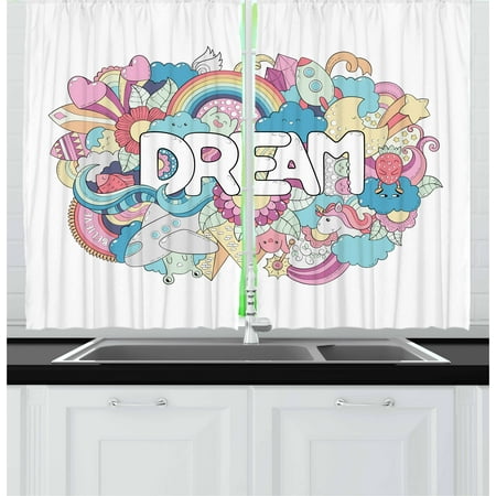 Dream Home Great Room Unicorn Party Curtains 2 Panels Set, Colorful Cartoon Style Childish Elements Dream Lettering Doodle Illustration, Window Drapes for Living Room Bedroom, 55W X 39L Inches, Multicolor, by Ambesonne ()