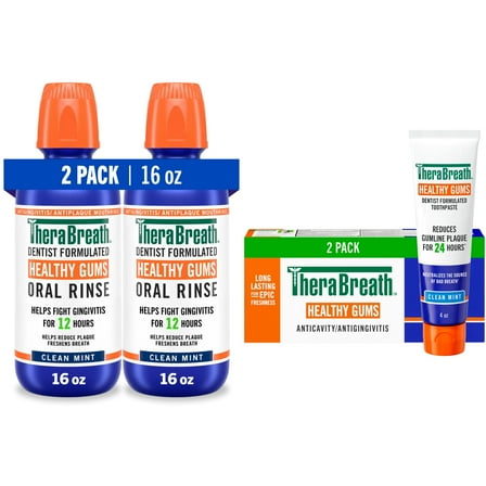 Bundle of TheraBreath Healthy Gums Toothpaste, 4 Oz, (2-Pack)   TheraBreath Healthy Gums Mouthwash, Clean Mint Flavor, Alcohol-Free, 16 oz