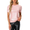 thumbnail image 1 of Camiseta casual de mujer con brillo, cuello redondo, mangas abullonadas y ajuste elástico L Rosa, 1 of 6