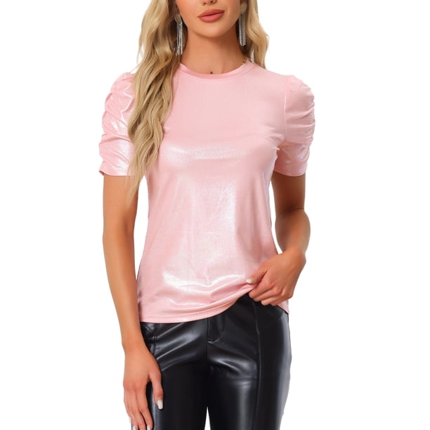 Camiseta casual de mujer con brillo, cuello redondo, mangas abullonadas y ajuste elástico L Rosa