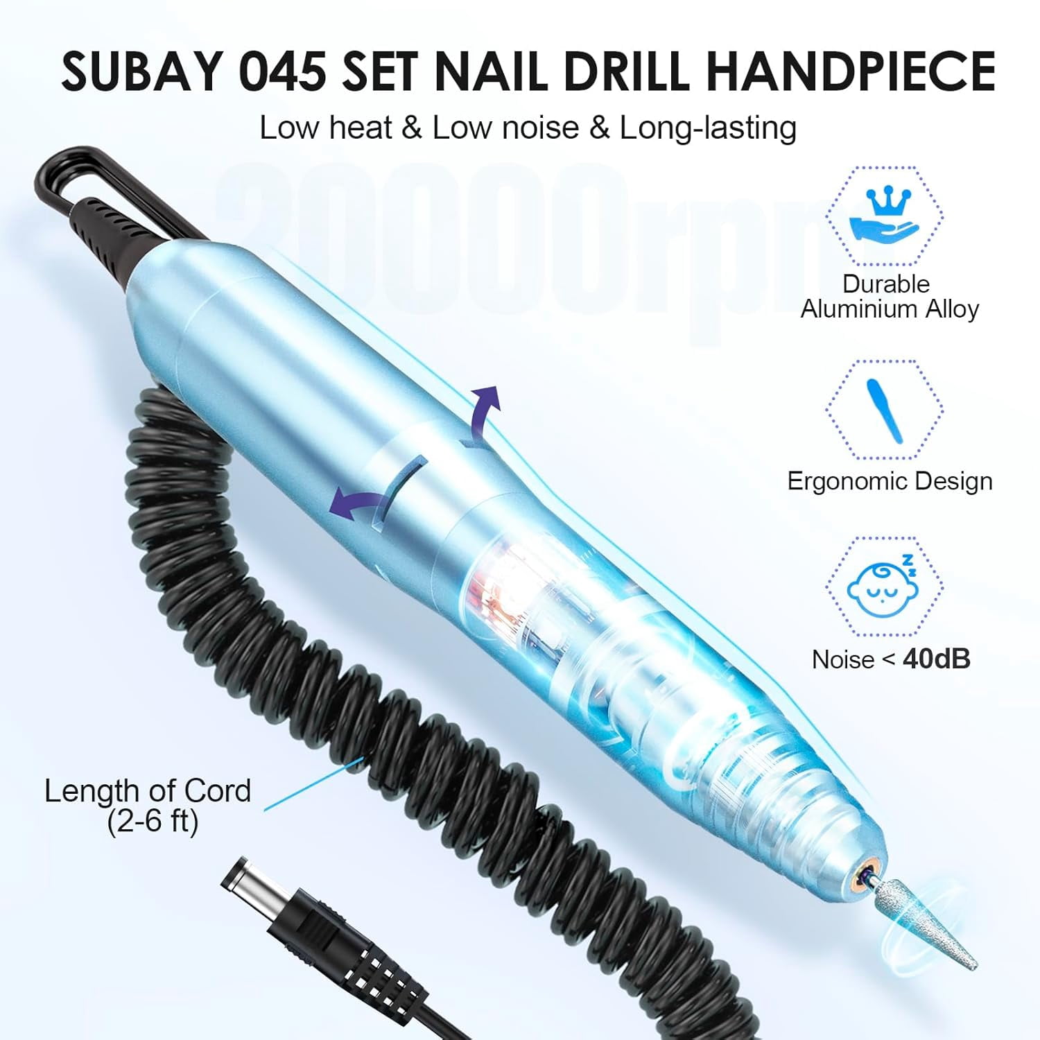 Electric Nail Drill Machine for Manicure Pedicure - 20000RPM Professional Nail File Kit with 1 Pack Sanding Bands - Low Noise Efile for Acrylic Nails - Home Salon Use