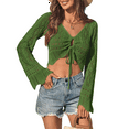 thumbnail image 3 of Womens Crochet Crop Tops Tie Front Bell Long Sleeve Cardigan V Neck Knit Shrug Sweaters Green M, 3 of 8
