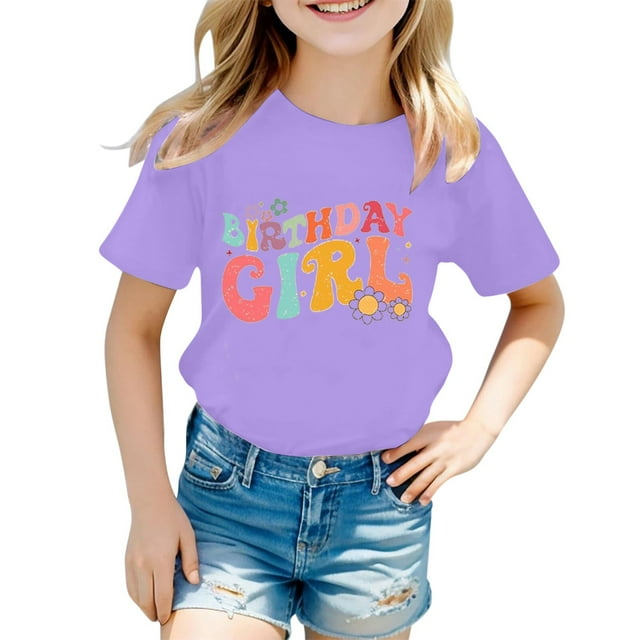 LUOGENLI T-Shirt pour Filles Filles Mode Décontractée Lettre Col Rond T-Shirt à Manches Courtes Haut 5 Maxi Chemises avec Shorts en Dessous Violet 12-13 Ans