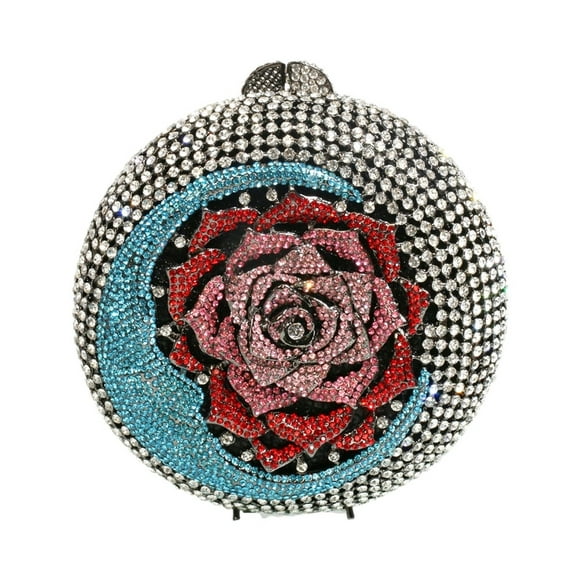 Women Glitter Flower Crystal Evening Bag Round Rhinestone Bride Handbag for Wedding Party