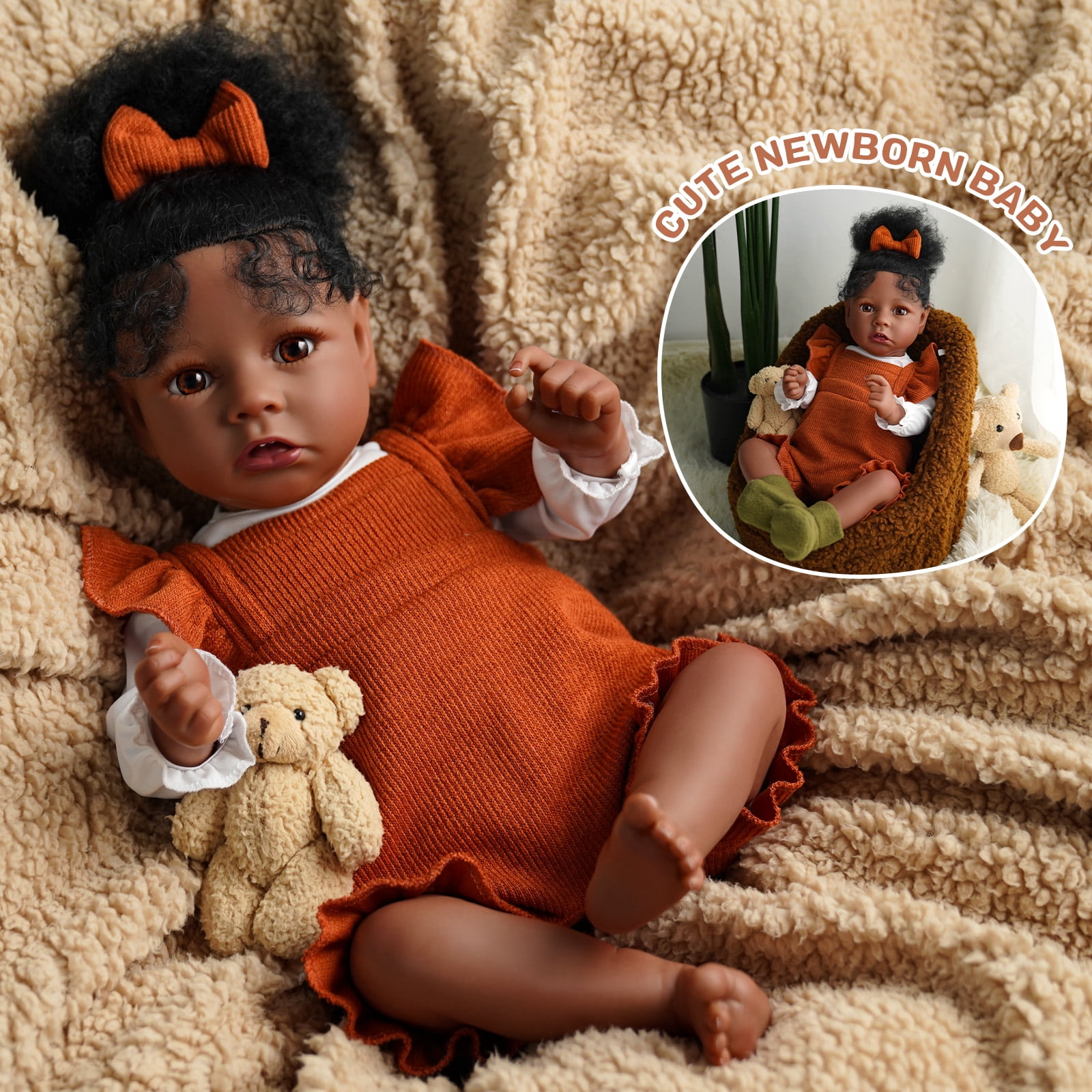 BABESIDE Reborn Dolls Black with Soft Cloth Body African American-Girl Doll 20 Inch Best Birthday Gift Set and Toy Accessories Gift for Kids Age 3