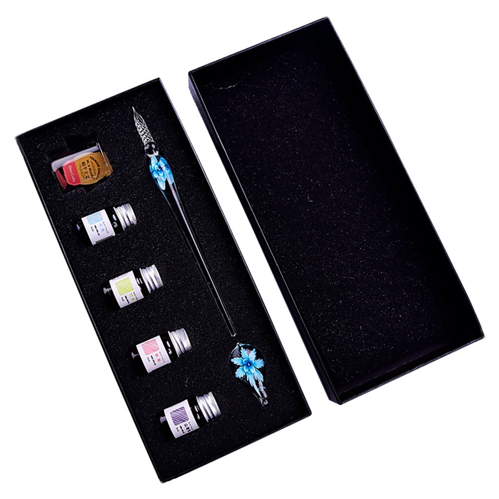Partheme Crystal Glass Dip Pen Set with Ink Bottle, Colored Glass Creative Writing Pen, Vintage Business Office Gift Stationery, Fathers Day Gifts for Husband, B