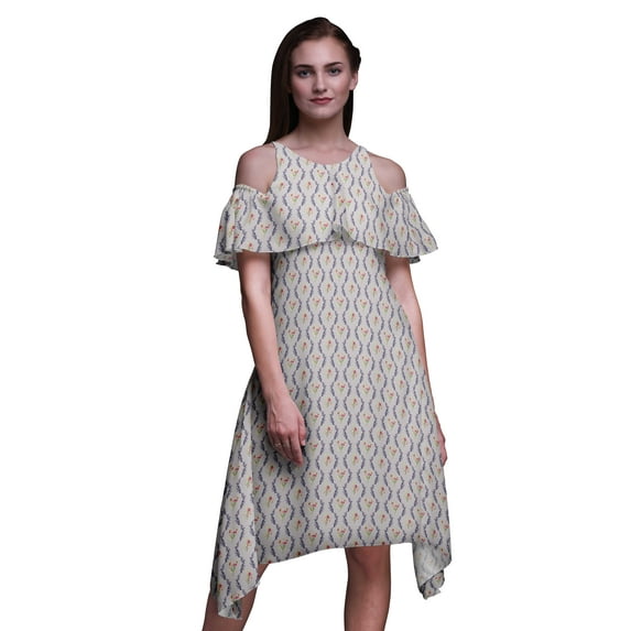 Bimba Damask Printed Women’s Cold Shoulder Tunic Party Round Neck Shift Dress-XX-Large