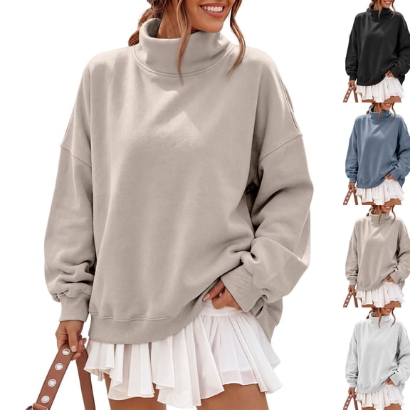 Mock Neck Loose Sweatshirt for Women Drop Shoulder Puff Sleeve Oversized Pullover Soft Knit Versatile Daily Athleisure Outer Top Camel M