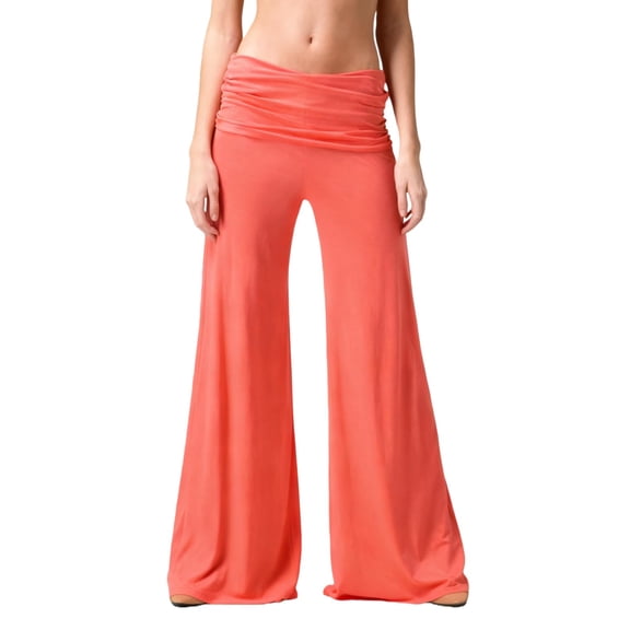 Coral Fold Over Yoga Pants - 2026 Wide Leg Lounge Pants with Ruched Waist - Soft Loose Fit Solid Casual Pants for Sports, Travel & Everyday